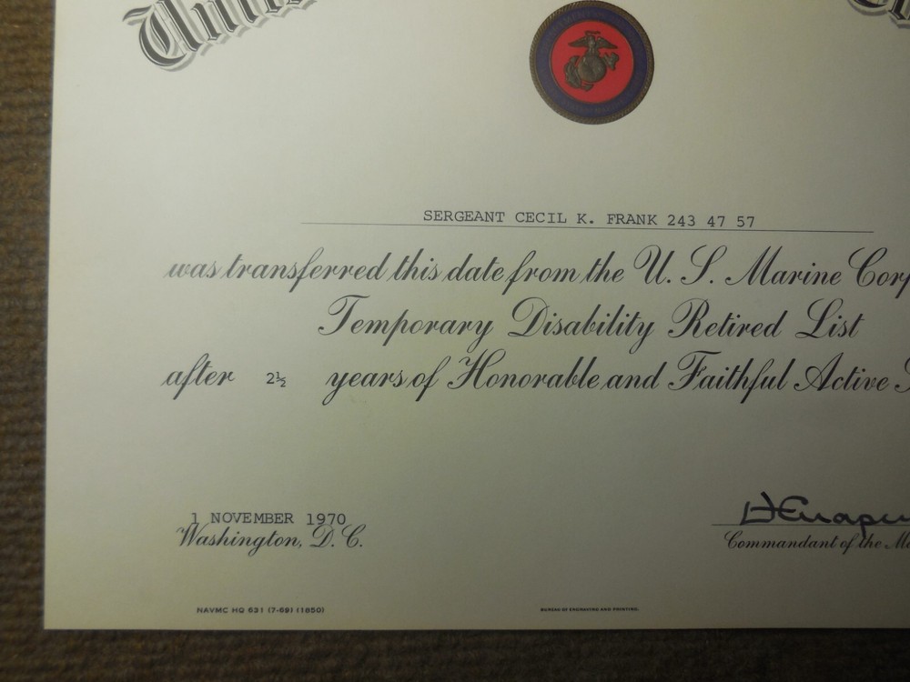 1970 Vietnam War USMC Temporary Disability Retired List Document