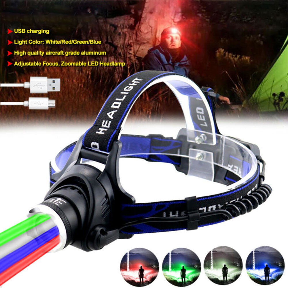 4 in 1 Red/Blue/Green/White Light Source adjustable Headlamp USB Rechargeable