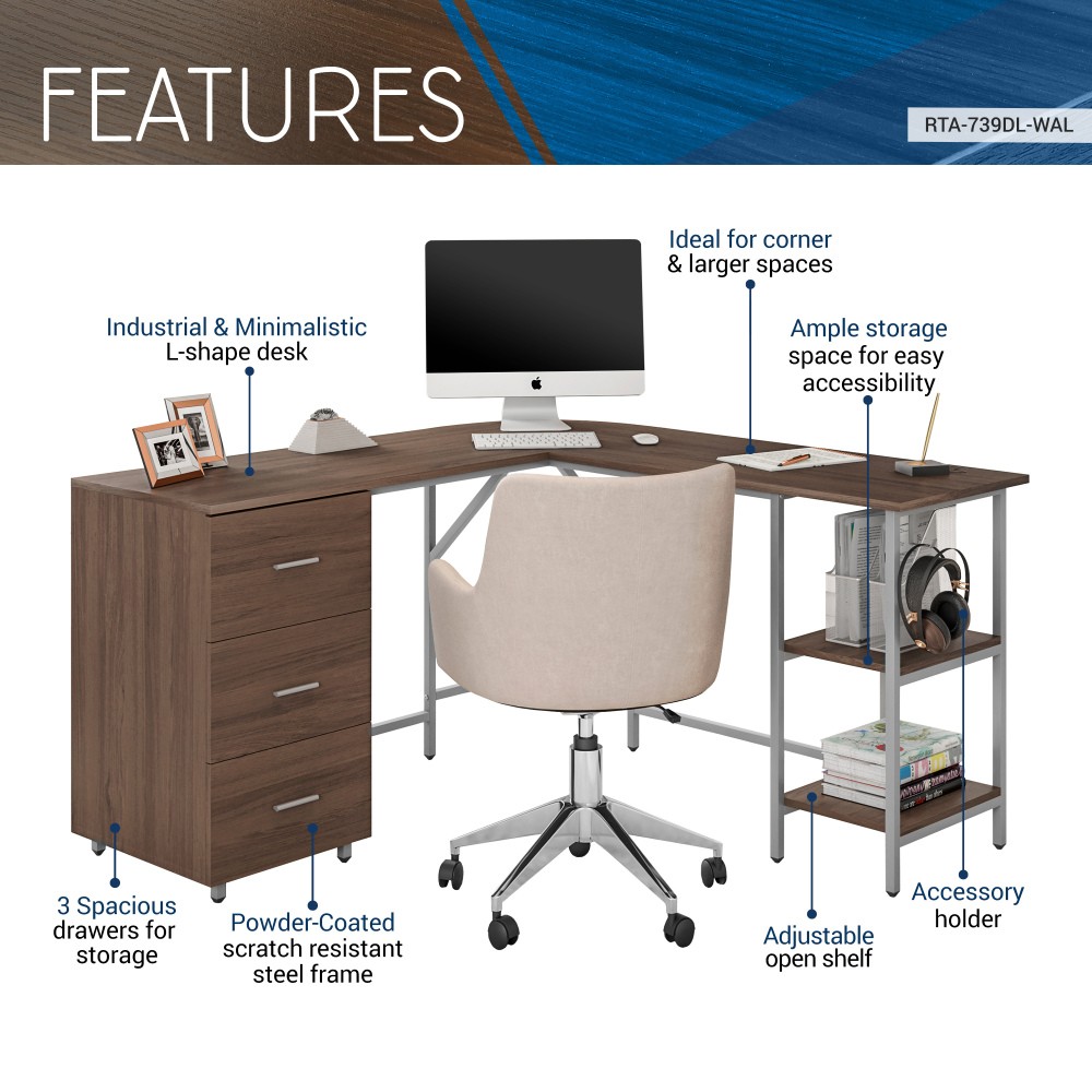 Rustic L-Desk - Engineered Walnut Top - Storage Drawers & Adjustable Shelves