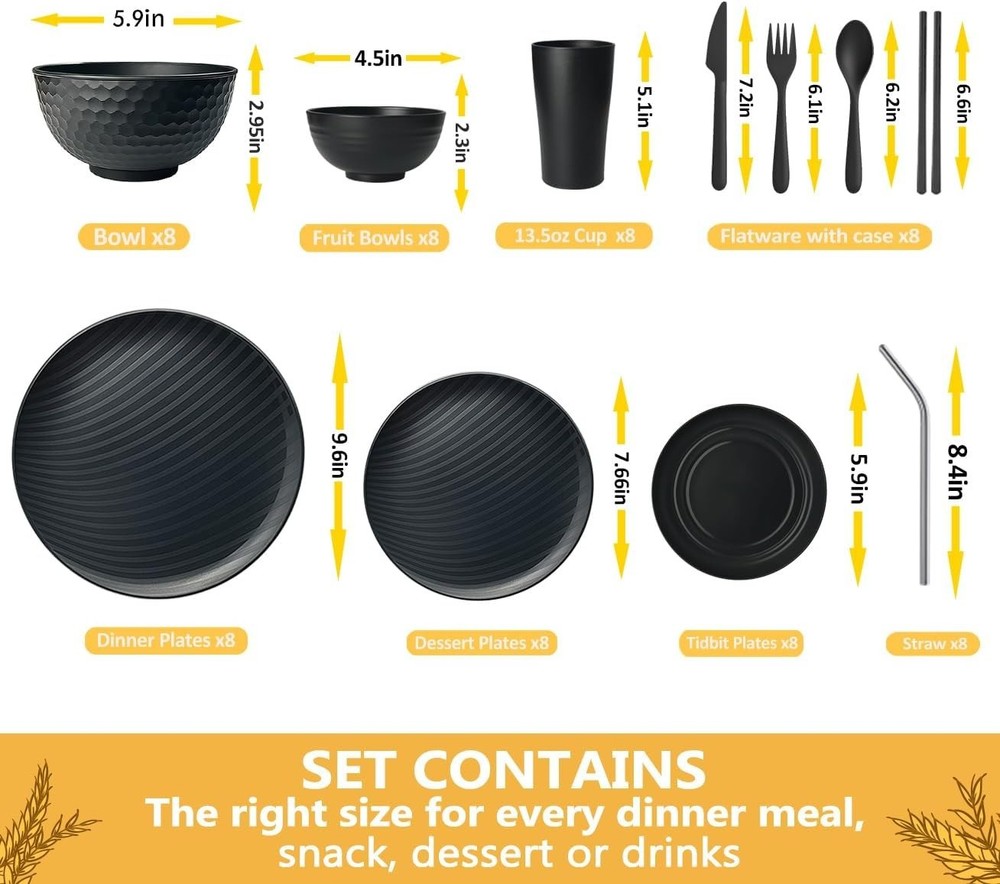 88-Piece With Flatware Kitchen Plastic Wheat Straw Dinnerware Set for 8, Dinn...