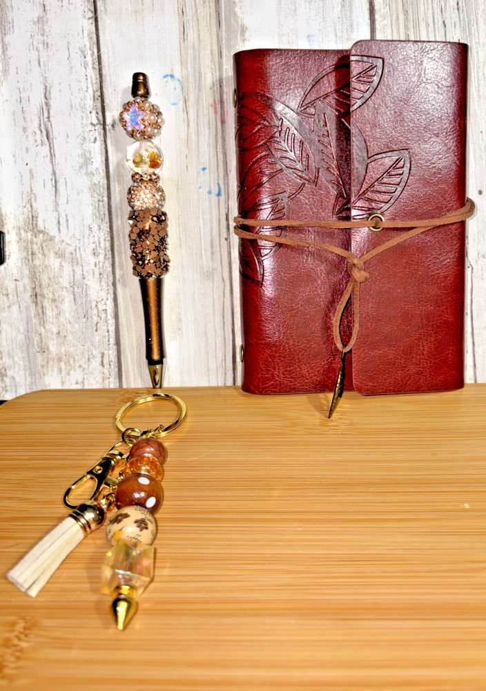 HANDCRAFTED BEADED PEN , key chain & NOTE PAD SET
