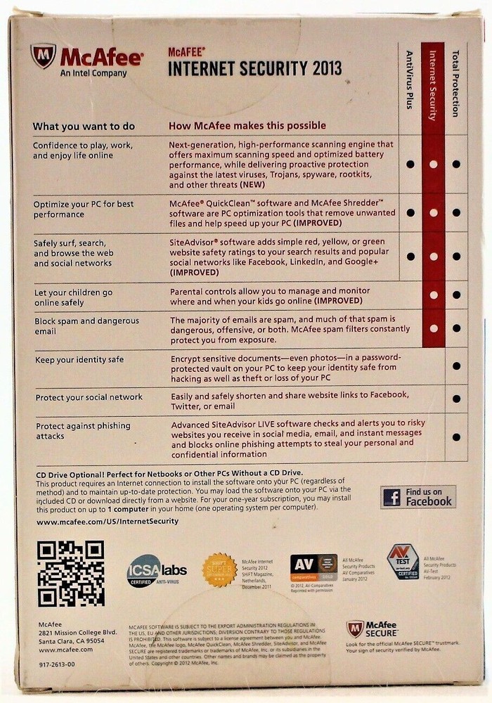 McAfee Internet Security 2013 1 PC Retail Box Disc For Windows XP 7 8