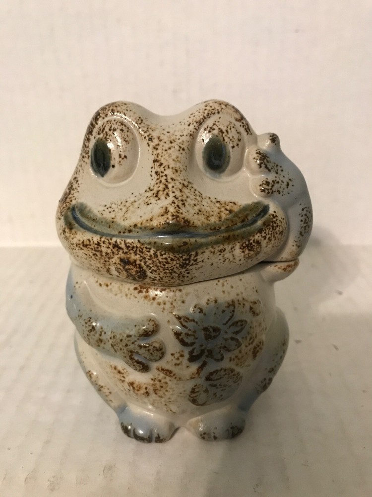 TAN AND BROWN GLAZED POTTERY FROG SHAPED JAR