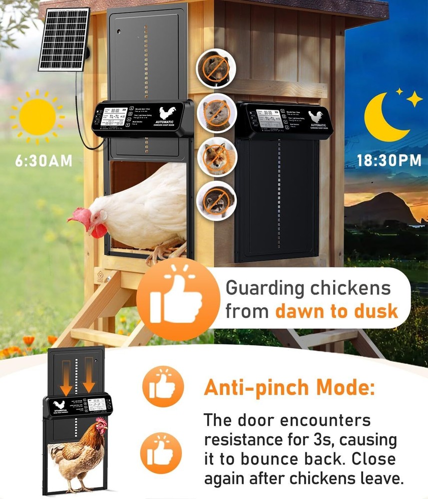 Automatic Chicken Coop Door Solar Powered with Timer/Light Sensor, Solar Chic...