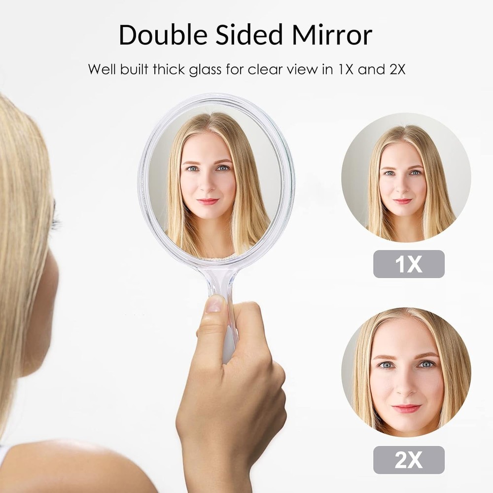 Hand Mirror Double-Sided Handheld Mirror 1X/ 2X Magnifying Mirror with Handle Tr