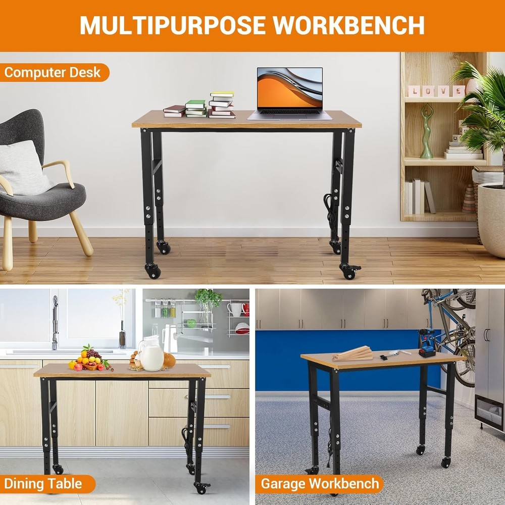 Adjustable 48" Workbench Heavy Duty Garage Table with Power Outlet for Workshop