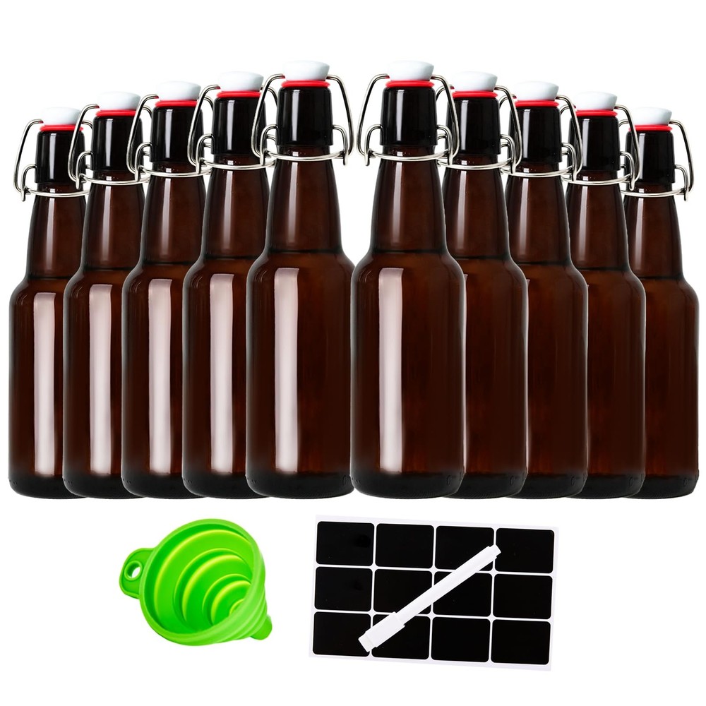 12oz Amber Glass Beer Bottles with Flip Top Airtight Lids, 10 Pack Swinging T...