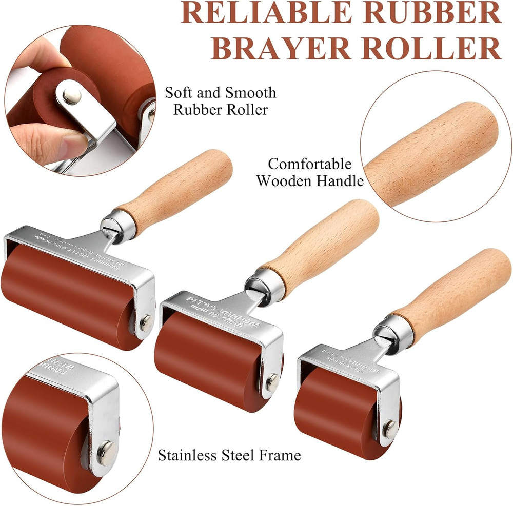 3Pcs Rubber Brayer Roller, Mix Size Rubber Roller Tool for Printmaking, Roller