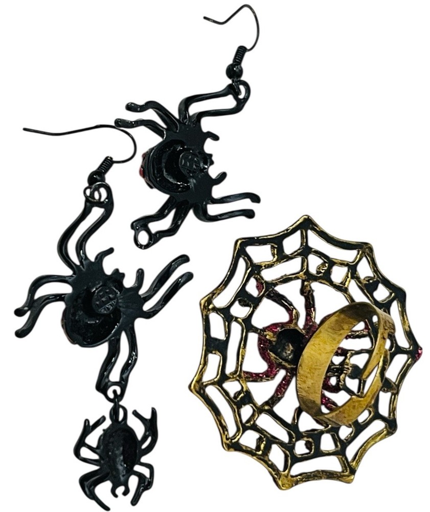 HALLOWEEN RED BLACK SPIDER EARRINGS, WEB RING ADJUSTABLE RHINESTONES WIRE DANGLE