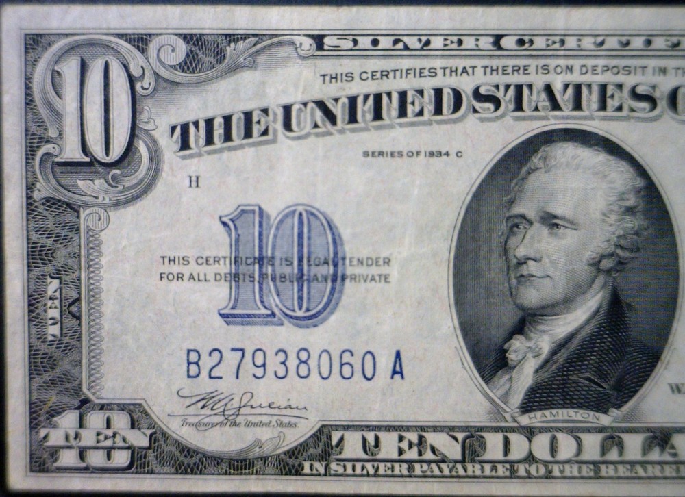 1934c ERROR 3rd Print Shift $10 SILVER CERTIFICATE VF + Note Currency NR