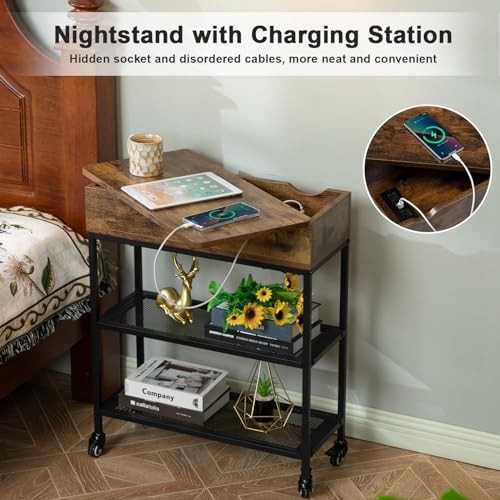 Narrow End Table with Charging Station & Rotating Top, Couch Rustic Brown