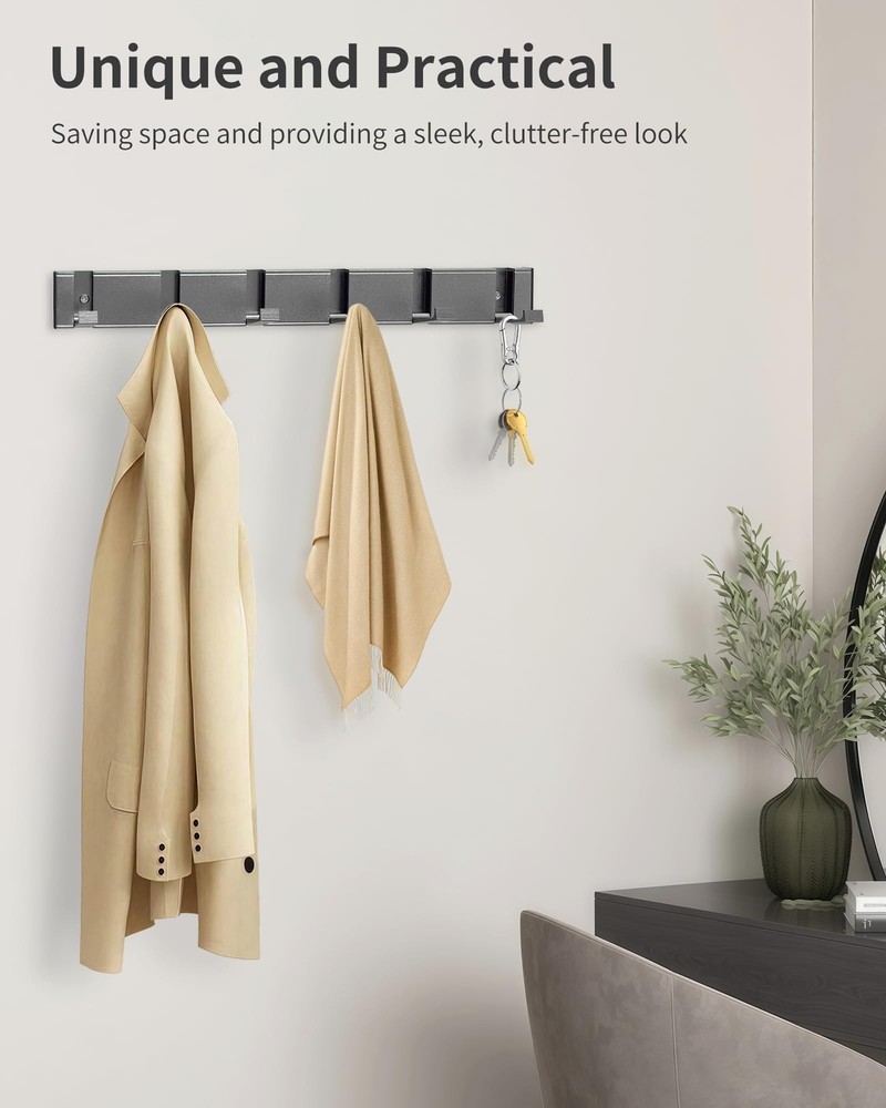 Coat Rack Wall Mount with 6 Hooks Folding Coat Hooks for Wall Coat Rack Bathr...