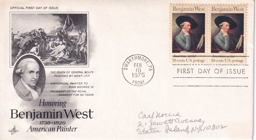 STAMP US SCOTT 1553 "Benjamin West" 10 CENT 1975 PAIR FDC - G