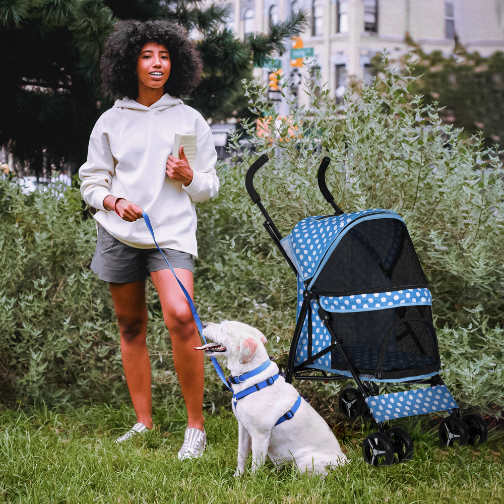 Foldable Pet Stroller 4 Wheels Breathable Dog Stroller w/Skylight&Storage Basket