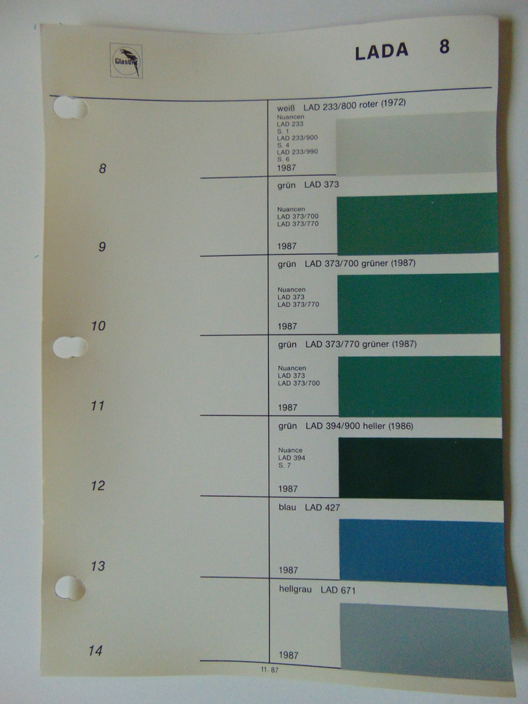 Original Glasurit Lada Paint Chips Sheet - 1987