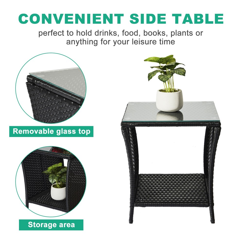 Outdoor Black Wicker Side Table Rattan Square Side Table Courtyard Coffee Bistro