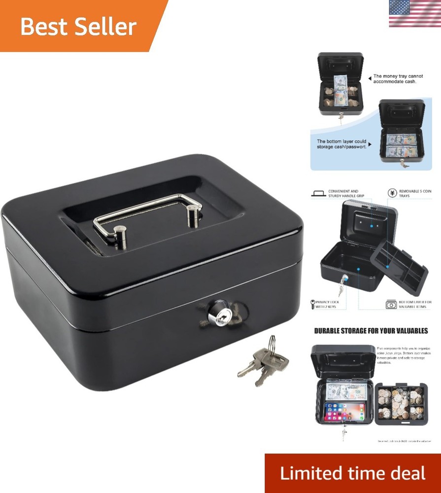 Medium Locking Cash Box with Removable Money Tray - Secure & Portable Black Safe
