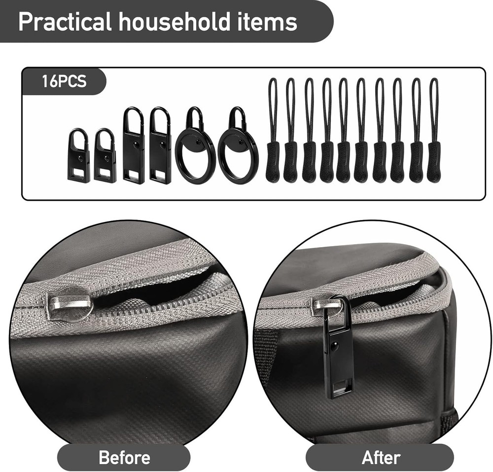 Durable Black Zipper Pull Tab Replacement Kit - Quick, Tool-Free Fix for Bags
