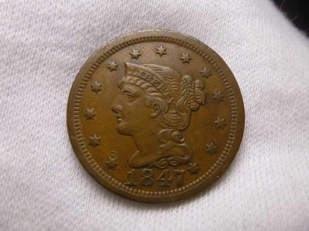 1847 Repunched date Braided Hair Large Cent