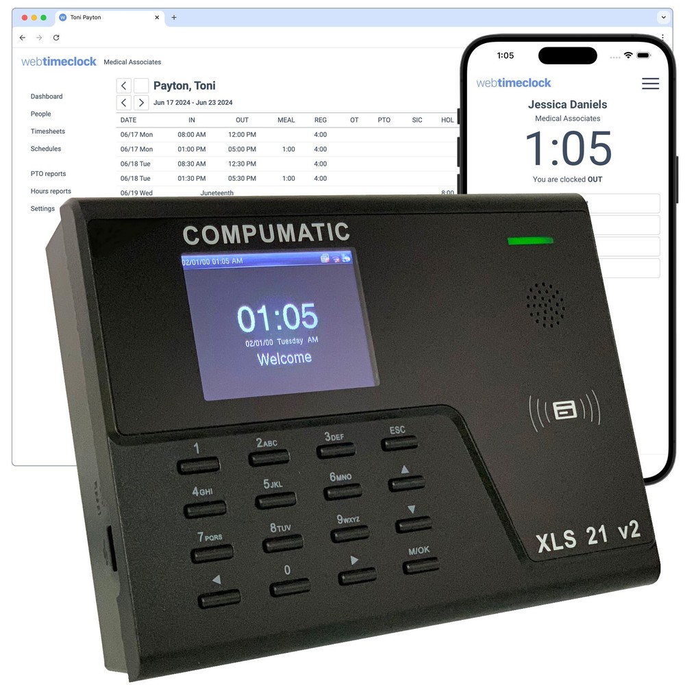 Compumatic PIN + RFID Time Clock, Ethernet WiFi Web Based Cloud Hosted Real-Time