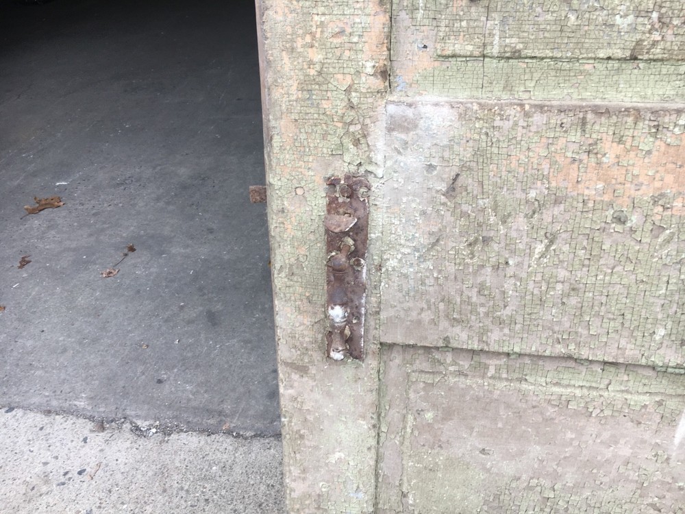 c1830 Raised panel door old crusty paint 77.5" x 29.5" - Five panel old hardware