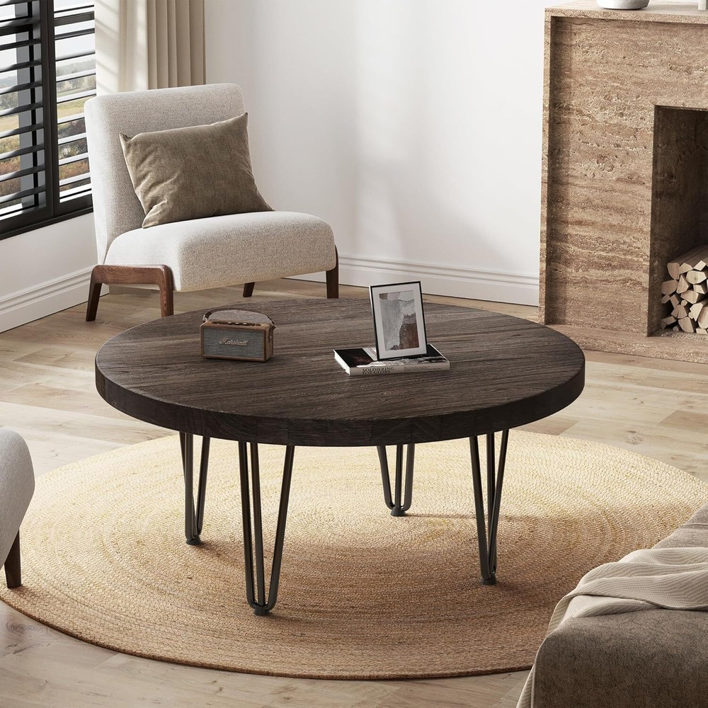 Rustic Wood Round Coffee Table with Metal Legs, Solid Elm Walnut