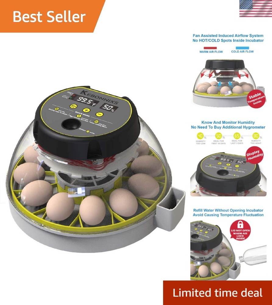 User-Friendly 12 Egg Incubator with Humidity Display & Automatic Timed Turner