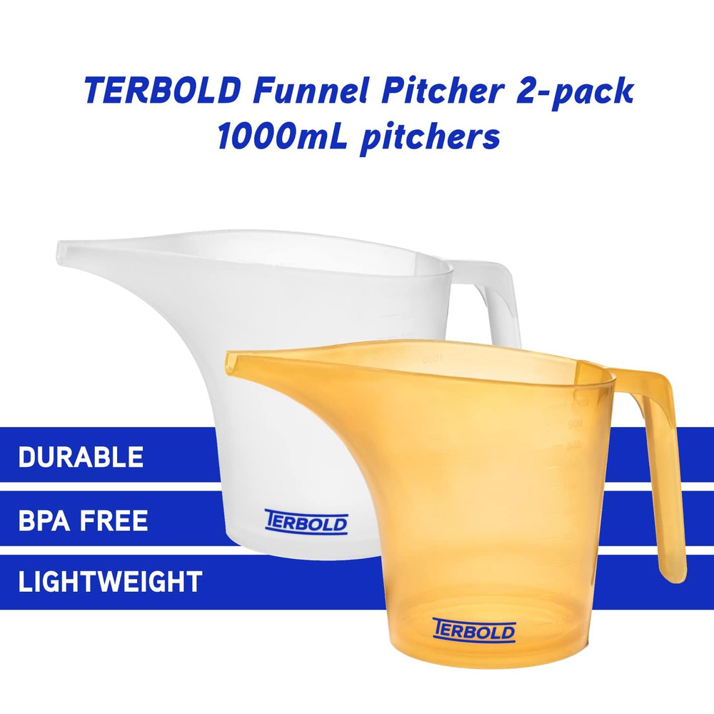 Funnel Pitcher with Spout 2Pc Set | 1 Liter Plastic Measuring Pitchers for Cake,
