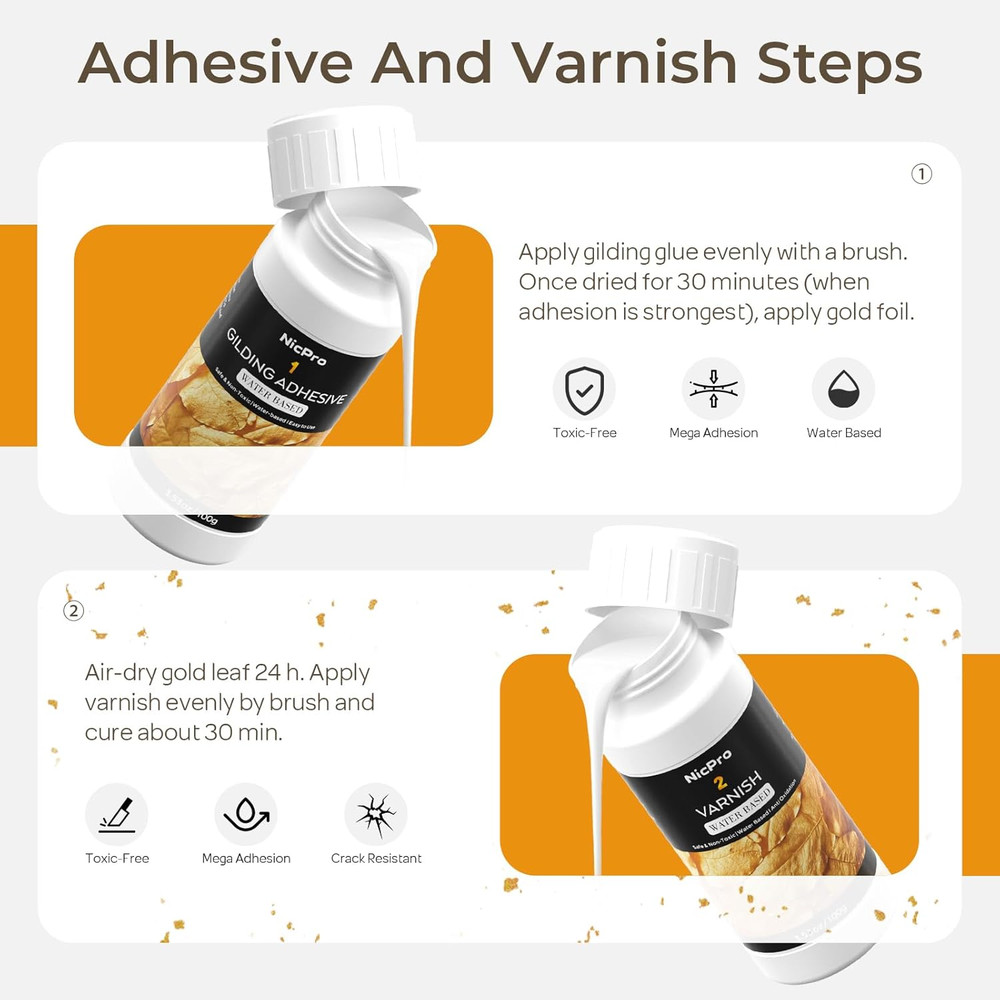 Gold Leaf Gilding Adhesive Set, 100ml Water Based Glue and 100ml Varnish, 100...