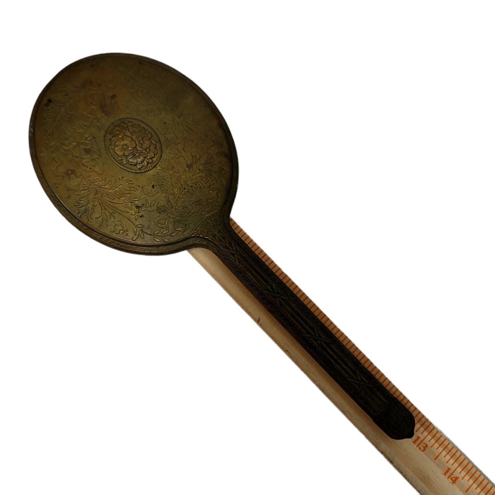 Vintage Vanity Hand Mirror Brass Handle Etched Plastic Back Floral AS IS