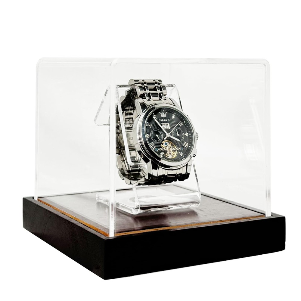 Single Watch Display Case, 3mm Clear Acrylic Watch Box with Solid Wood Base, ...
