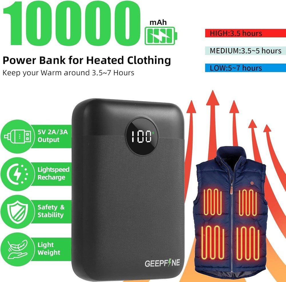 Mini 5V 2A 10000mAh Battery Pack for Heated Vests & Devices - Lightweight & Fast