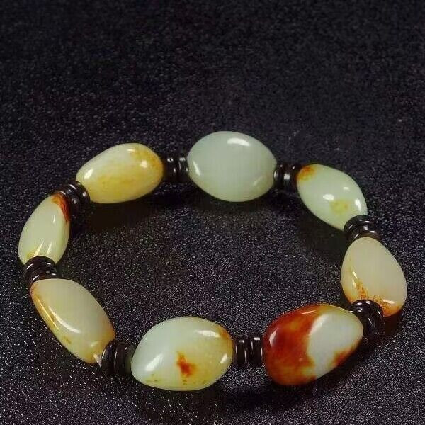 Natural A Grade Hetian Jade Beads Elastic Bracelet 和田玉 Aaa