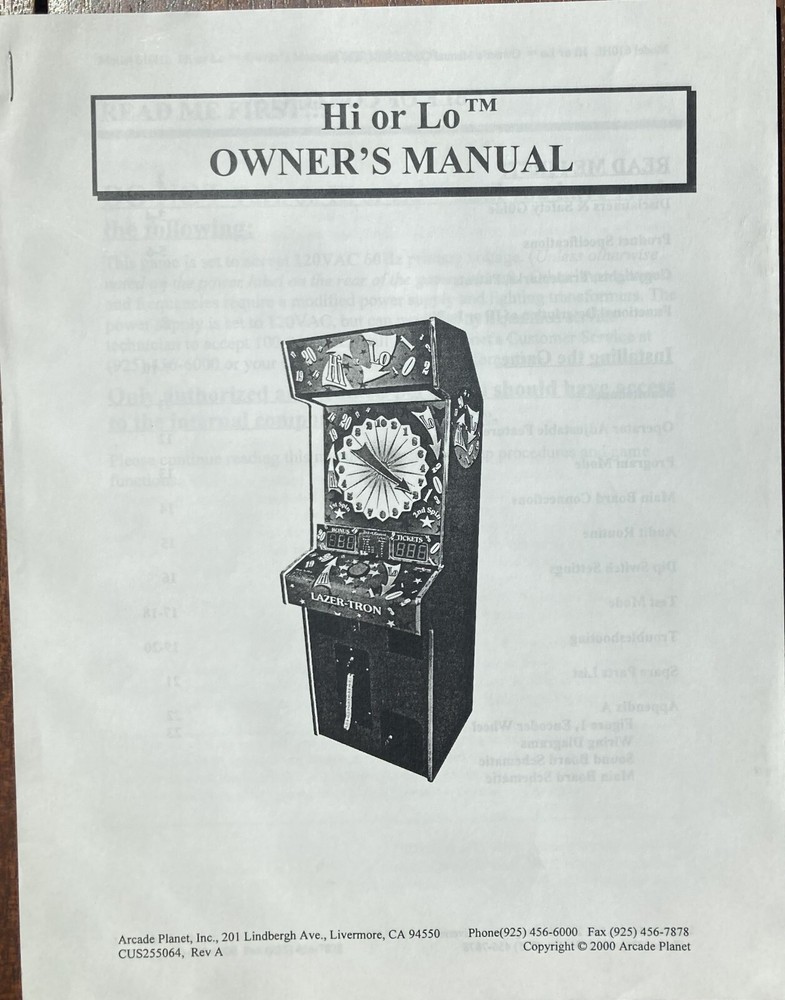 Hi or Lo Redemption Game Manual