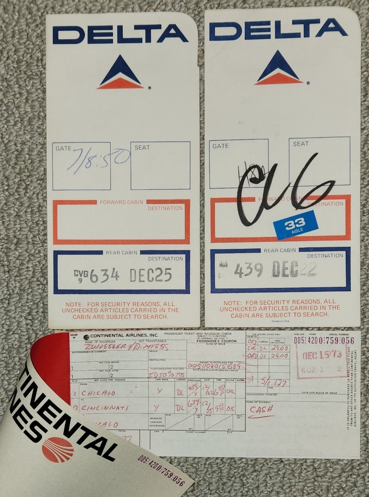 1973 Delta Airlines Ticket Jackets (2) Continental Boarding Pass Ticket Stub