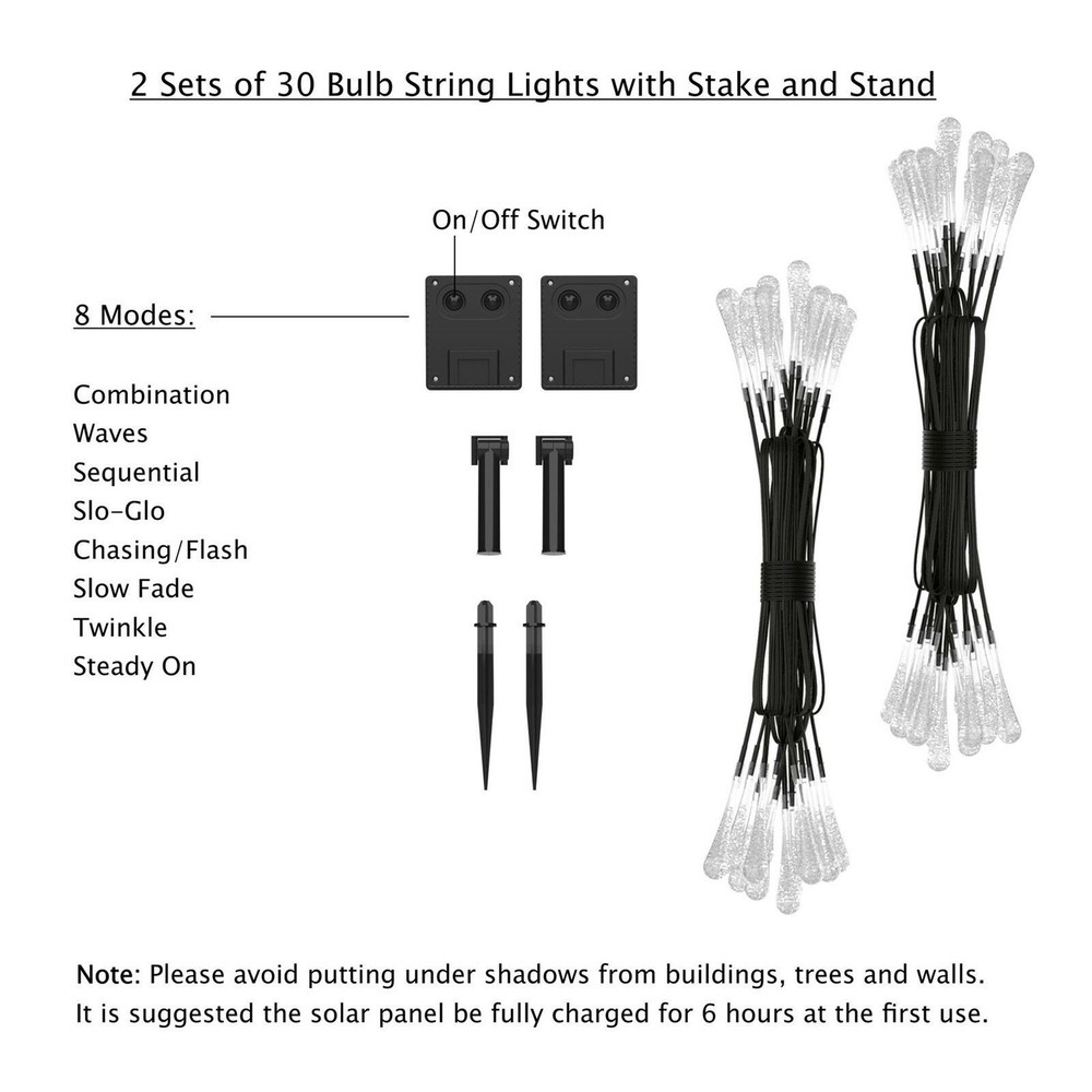 2 Pack Solar LED String Lights 30 Rain Drop Bulbs 20 Feet Each Electric White