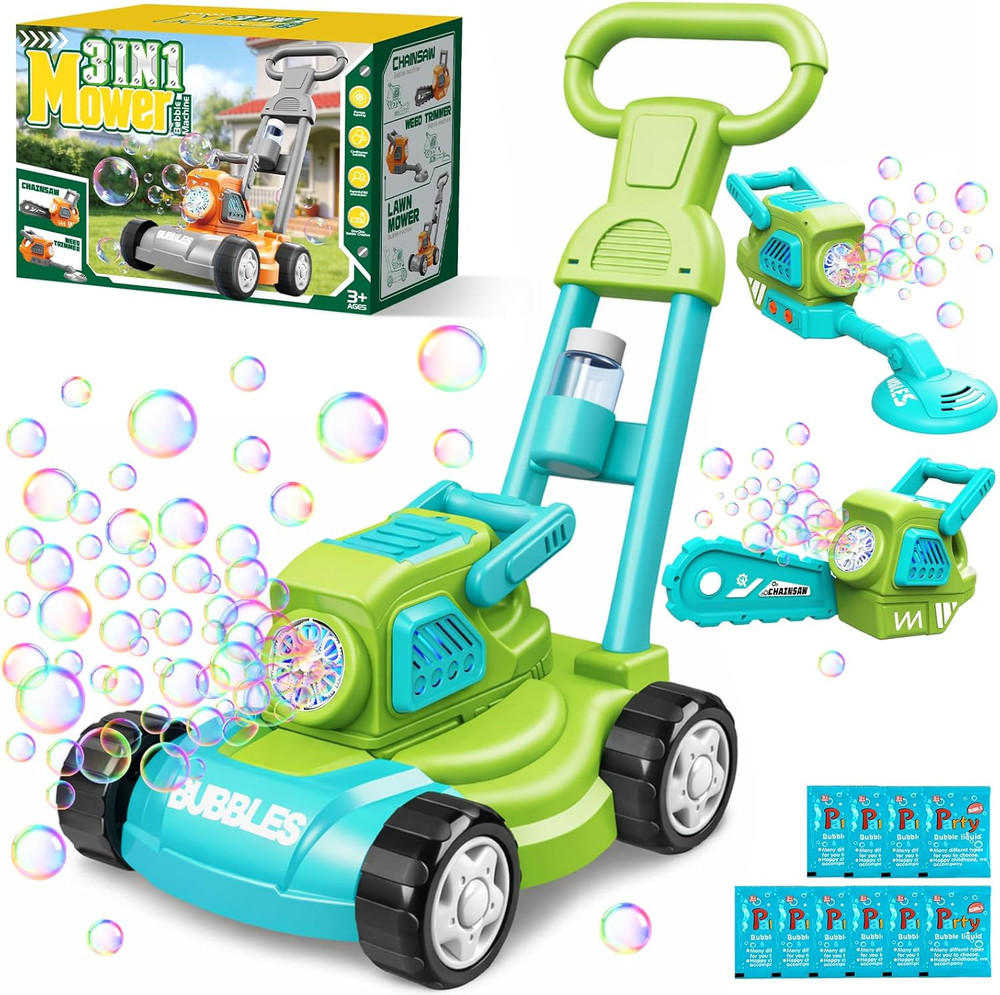 Bubble Lawn Mower for Kids, 3-In-1 Bubble Machine Blower with 10 Bubble Solution
