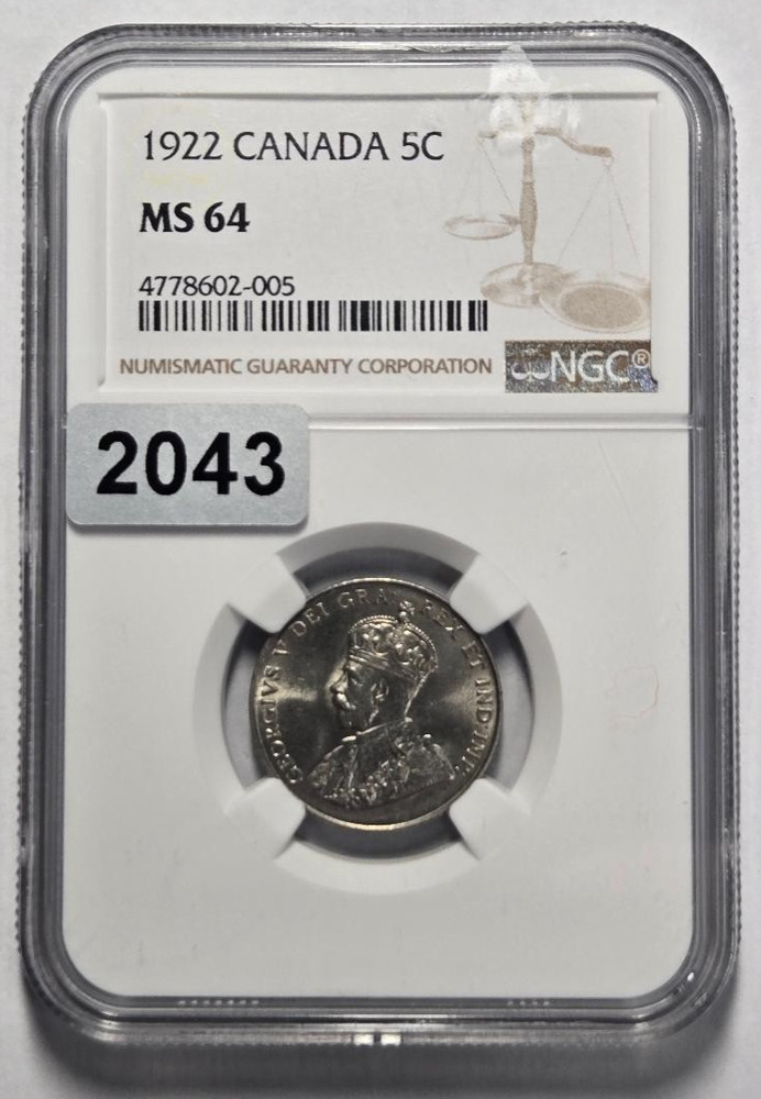 1922 CANADA 5C NGC MS 64 Certified Coin