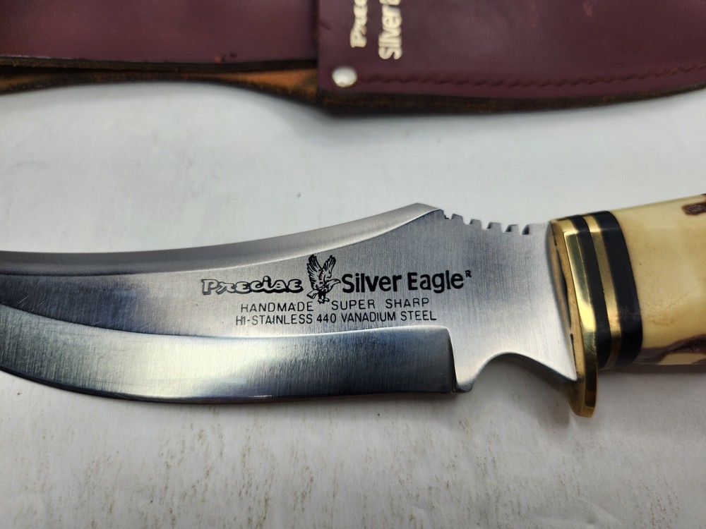 Vtg 10325 Precise Silver Eagle Handmade Fixed Blade Stag Handle Knife w/Sheath