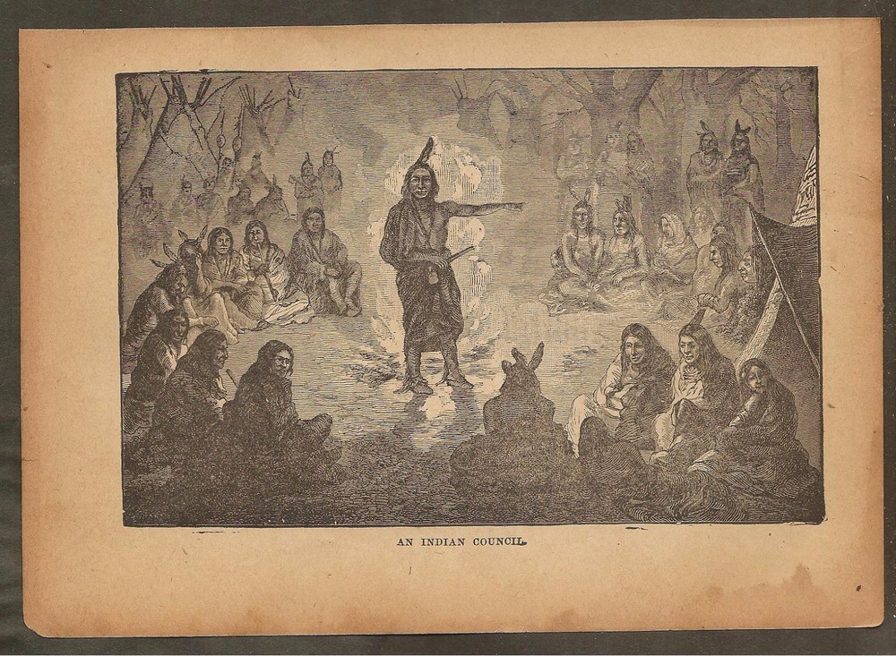 VINTAGE ILLUSTRATION -  A NATIVE AMERICAN COUNCIL