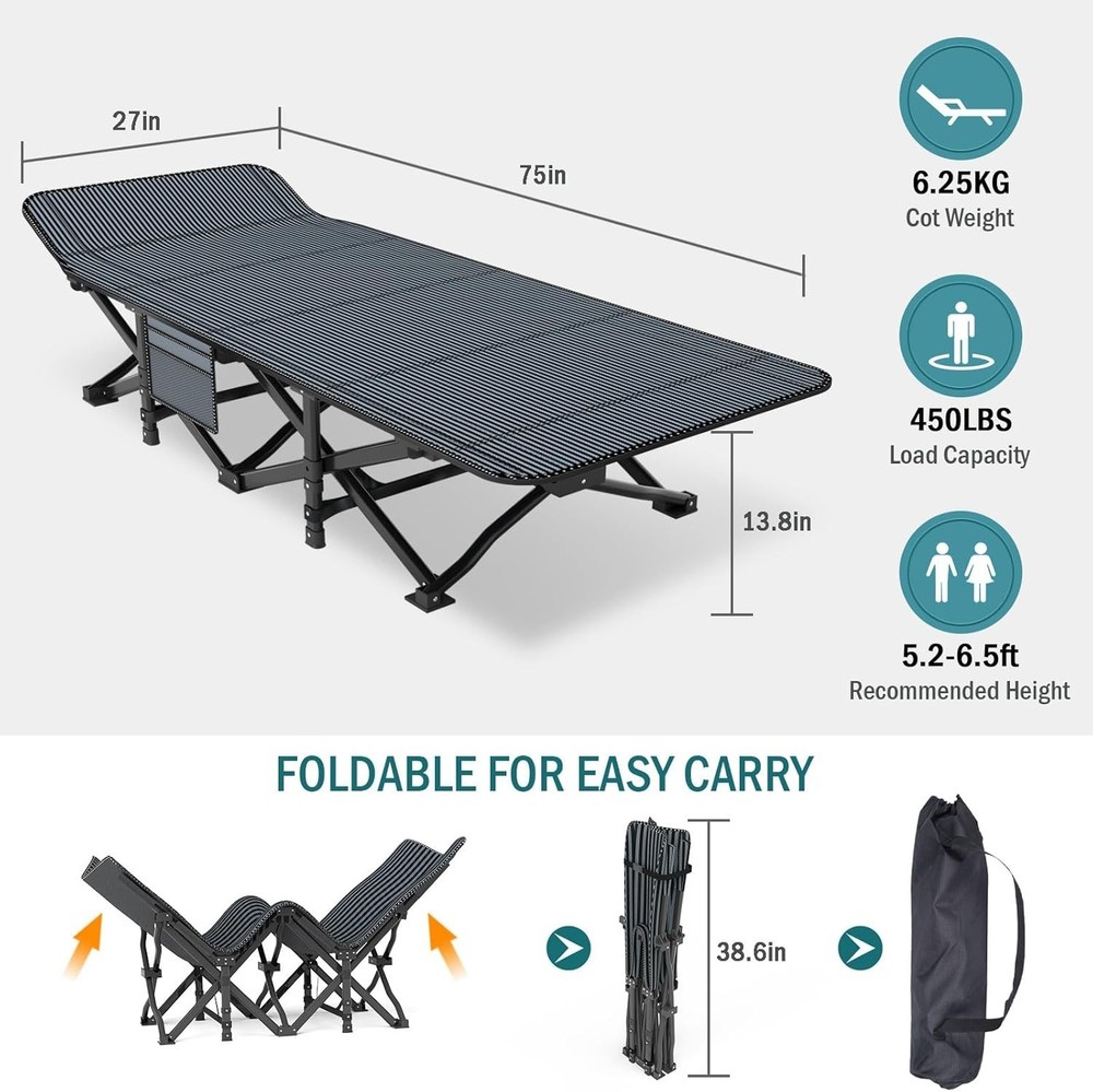 Camping Cot Adults Folding Bed W/ Comfortable Cushion Tent Portable Sleeping Bed