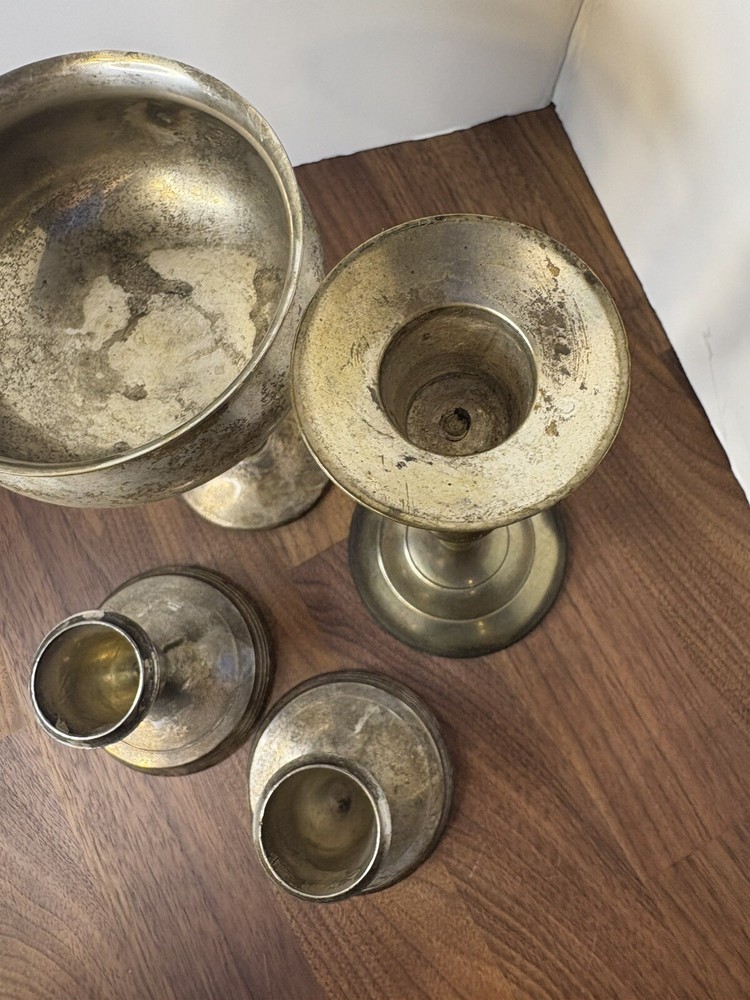 Vintage Brass And Silver Plated Decor- 3 Candlesticks 1 Goblet