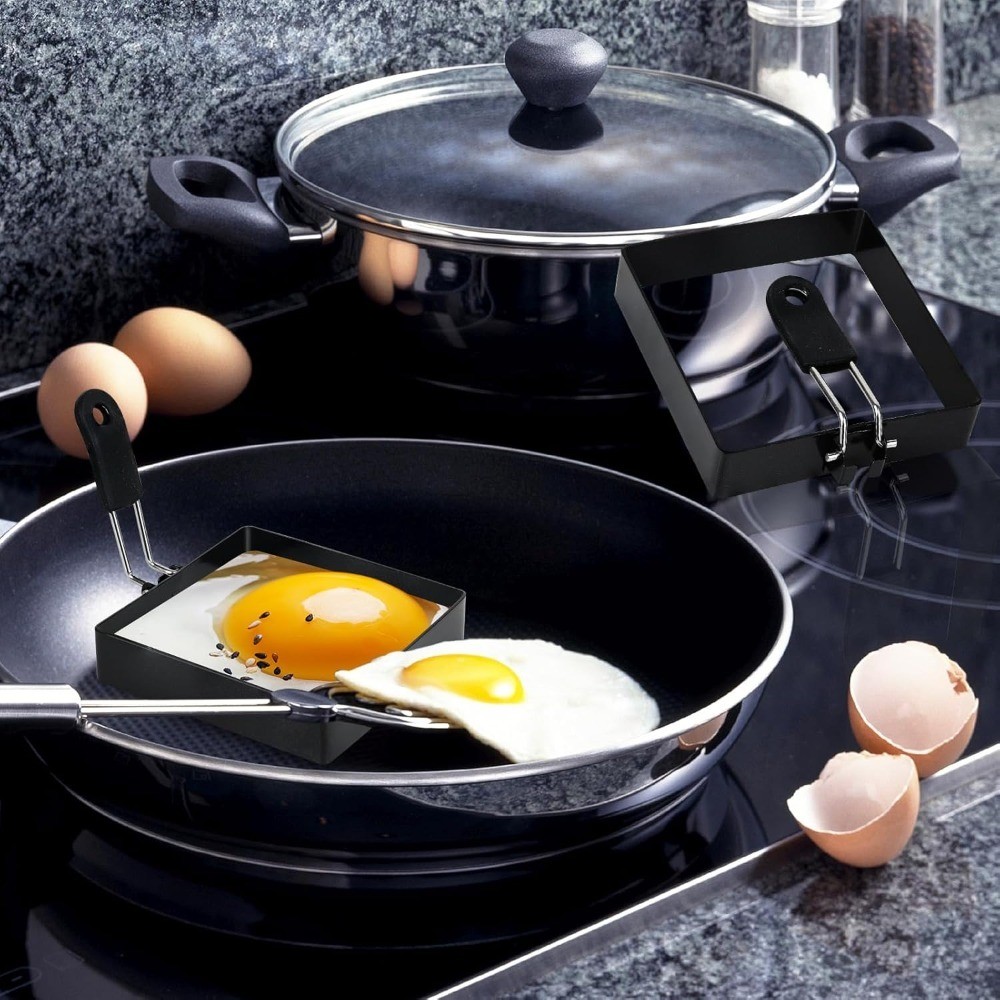 4 Inch Square Egg Rings with Silicone Handle, Nonstick Stainless Steel Egg