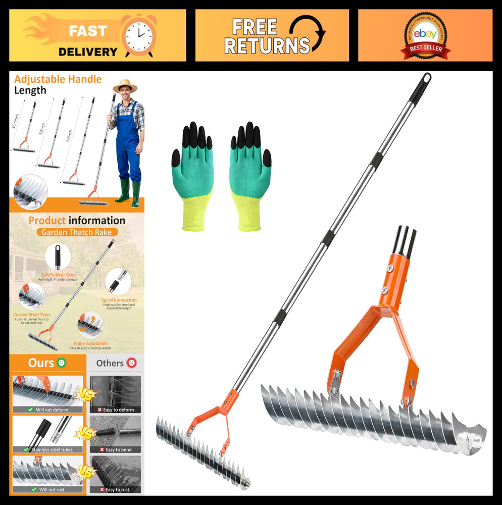 15" Thatch Rake with Adjustable Handle - Heavy Duty Steel Dethatcher for Lawn &