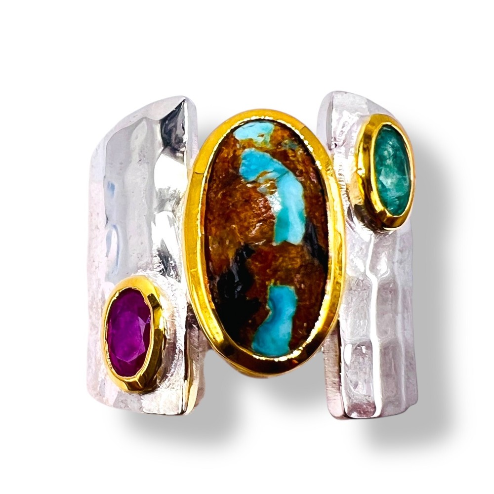 Two Tone Sterling Silver Blue Turquoise Emerald Ruby Ring Handmade -6500