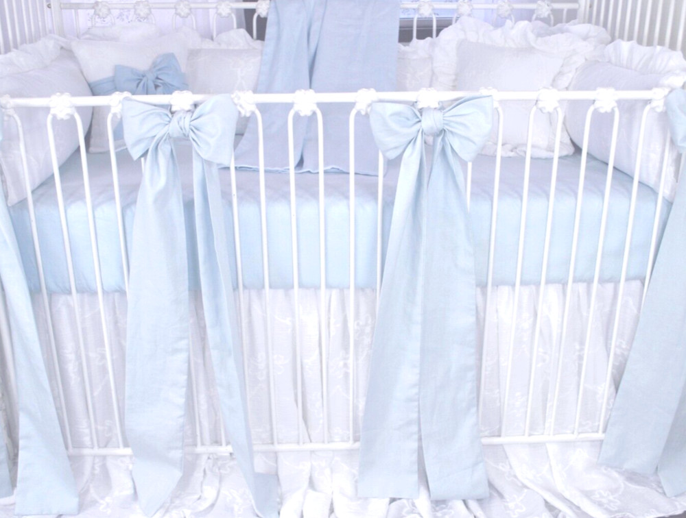 Baby Blue Linen Crib Sheet and Bows