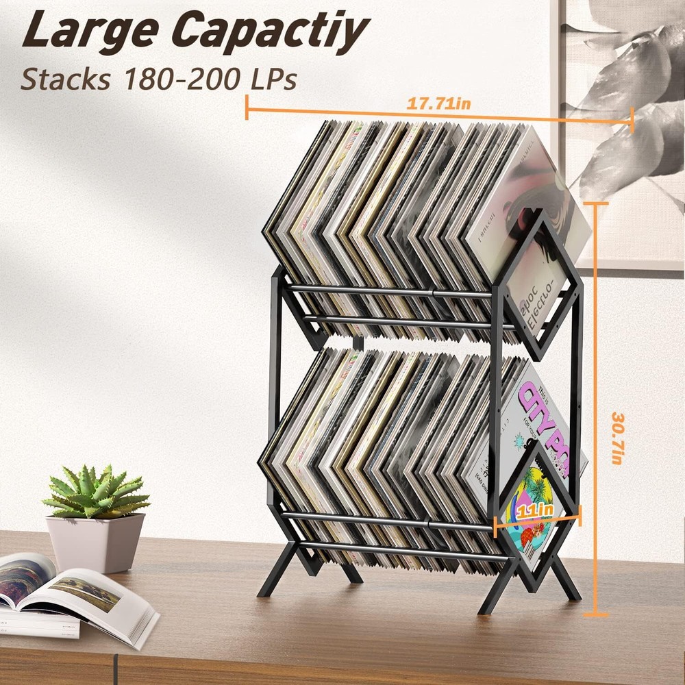 2-Tier Vinyl Record Storage Rack - 180~200 LP Storage Shelf Display Stand