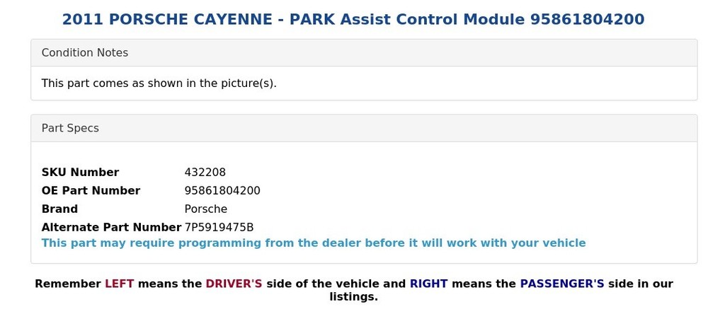 2011 PORSCHE CAYENNE - PARK Assist Control Module 95861804200