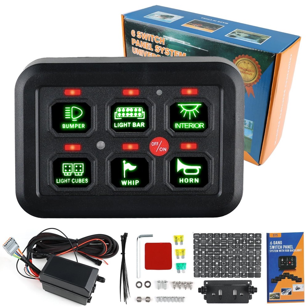 6 Gang Switch Panel with Fuse Wiring Harness and Label Sticker, Universal Aux...