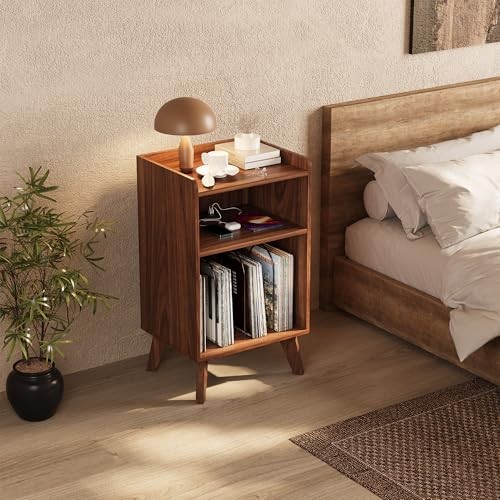 Record Player Stand, Turntable Stand with Record Storage and Charging Walnut